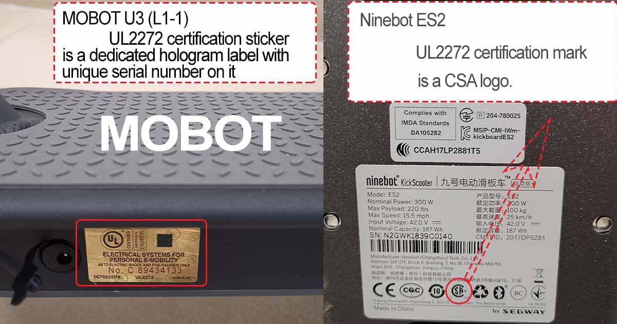 UL2272 certification sticker different