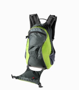 LIGHT ARMOR BP+ (LIME) cycling backpack with signal lights angled left with signal panel down