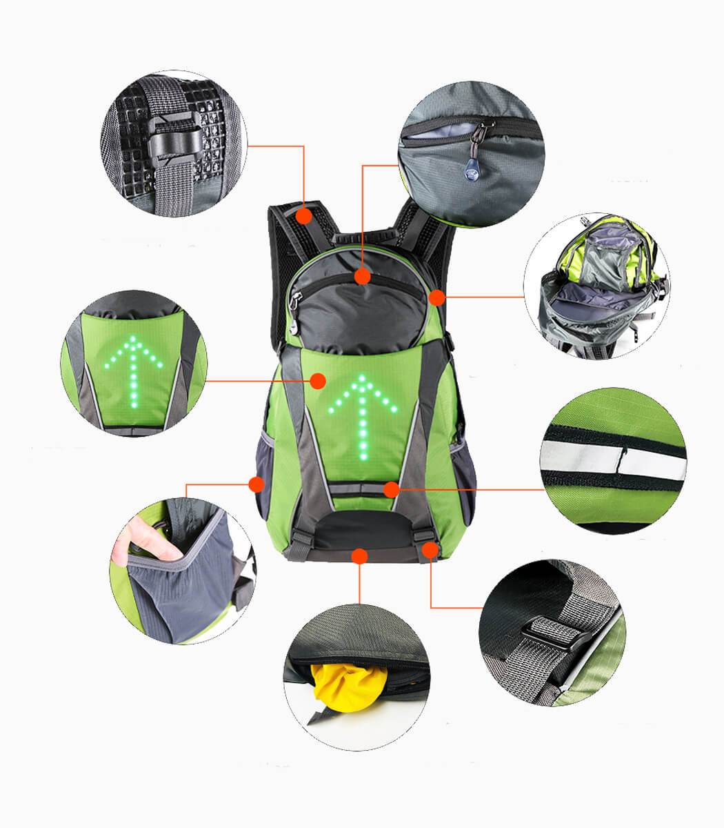 LIGHT ARMOR BP+ (LIME) cycling backpack with signal lights diagram 1