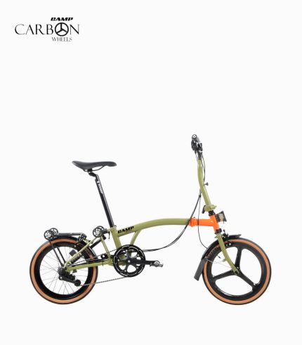 CAMP ROYALE (KHAKI GREEN-ORANGE) foldable bicycle with front carbon wheels right V1
