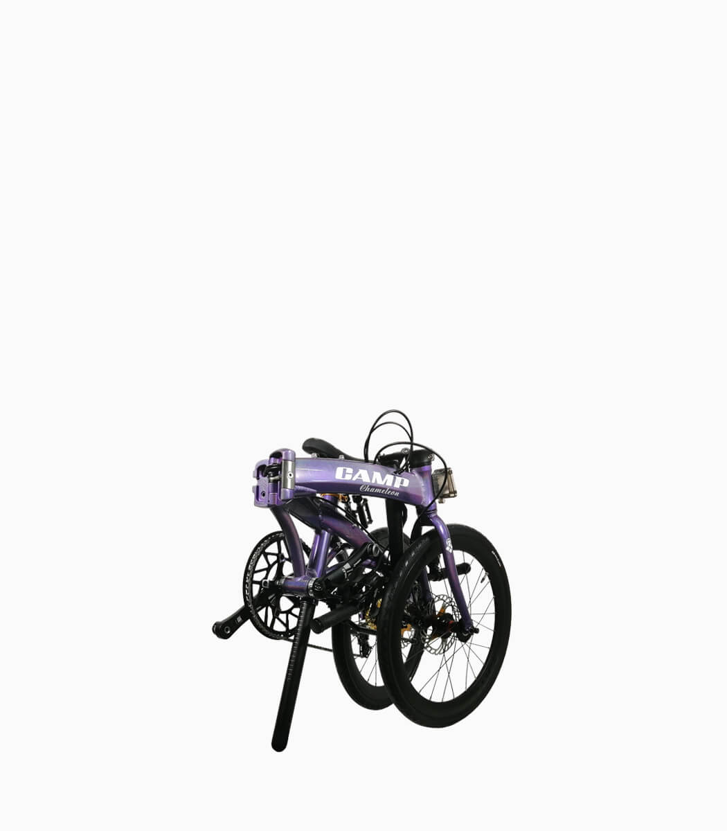 CAMP CHAMELEON (MULBERRY) foldable bicycle folded angled left