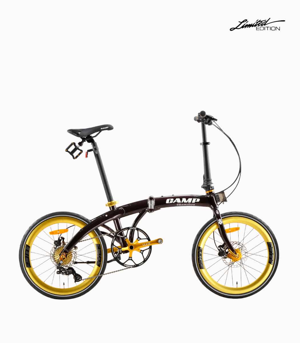 CAMP Chameleon (BLACK CHERRY PEARL) foldable bicycle with gold rim reflective tyres right