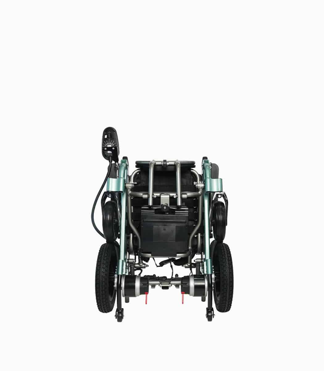 MWheel XT (GREEN) motorised electric wheelchair folded standing front