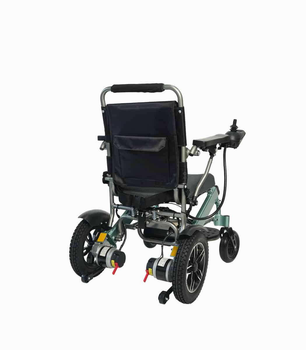 MWheel XT (GREEN) motorised electric wheelchair rear angled right
