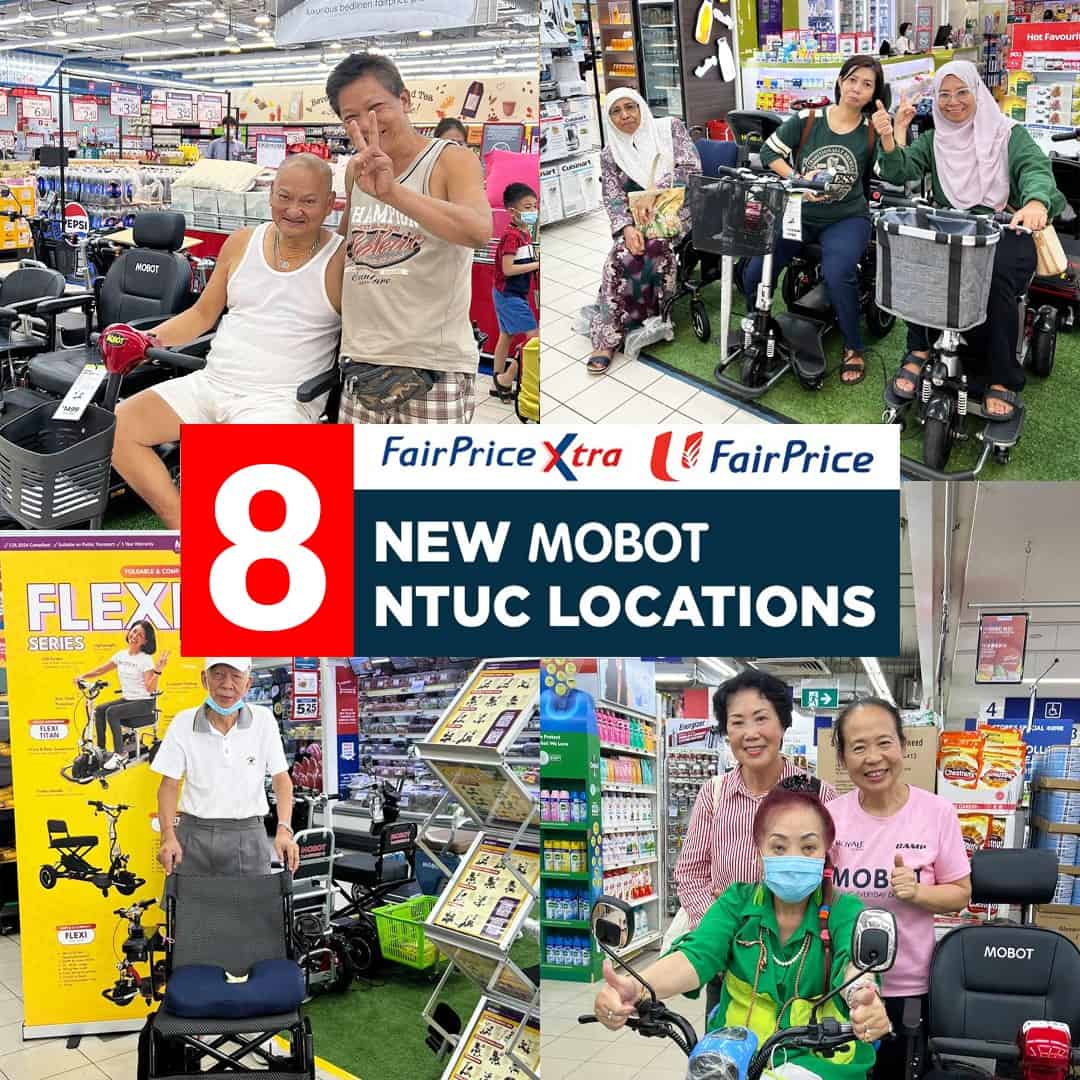 PMA NTUC Customer Images Mobility Scooters PMAs - Press Release: MOBOT PMAs now available at NTUC FairPrice Taman Jurong Shopping Centre & 8 Other Outlets!┃July 2024